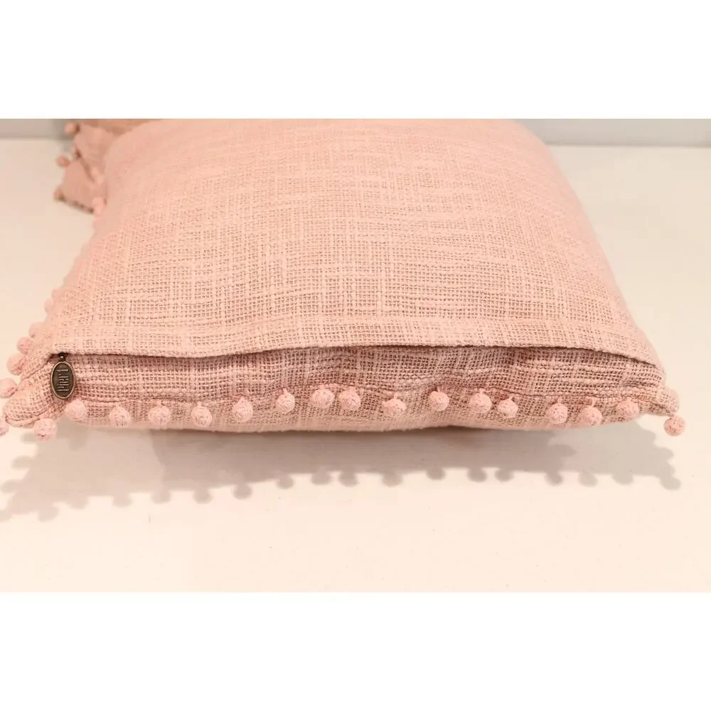 2 Pier 1 Basketweave Design Texture Throw Pillows Blush Pink Pom Pom Trim Zip Up